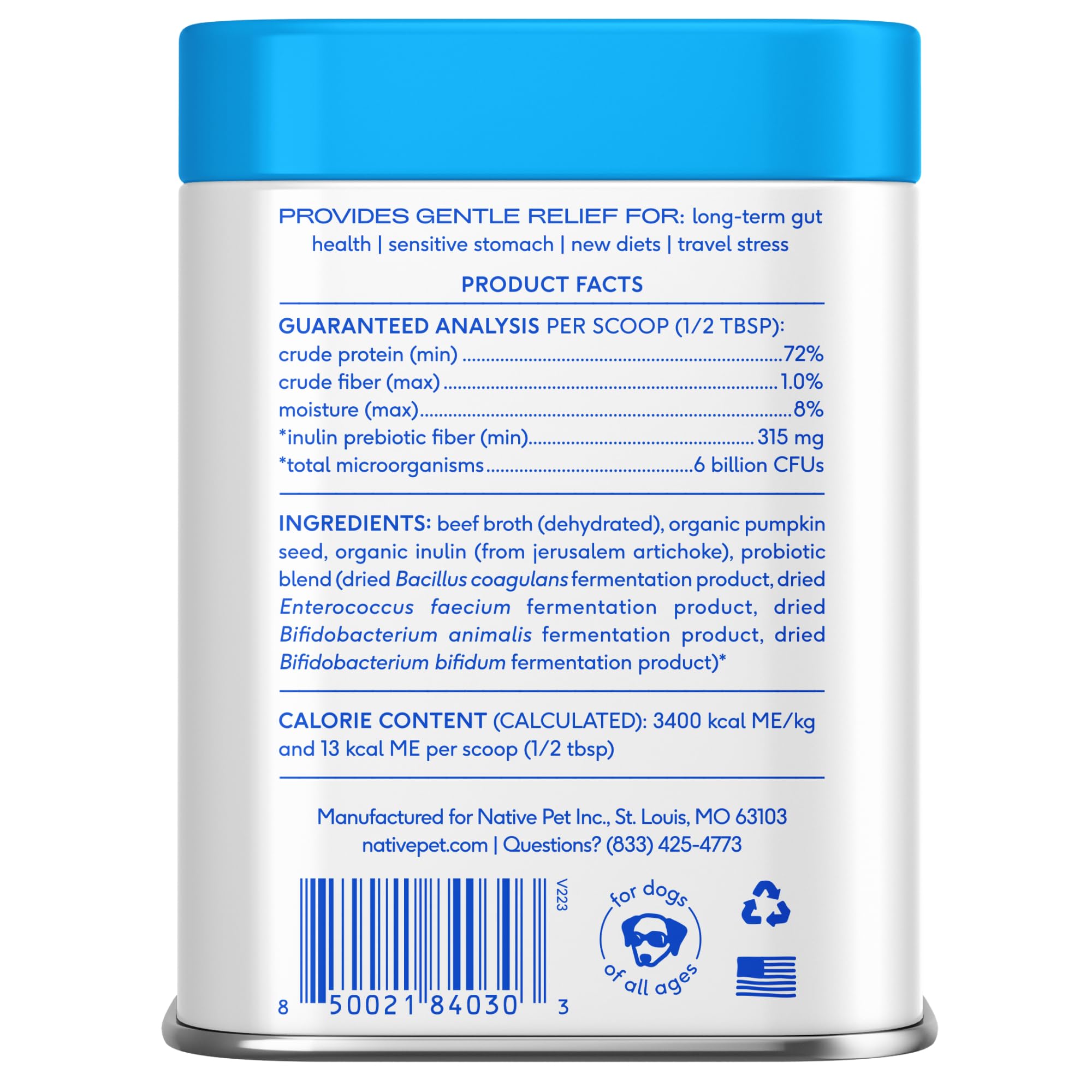 Native Pet Probiotics hecho en EE. UU., calidad confiable para todas las edades.