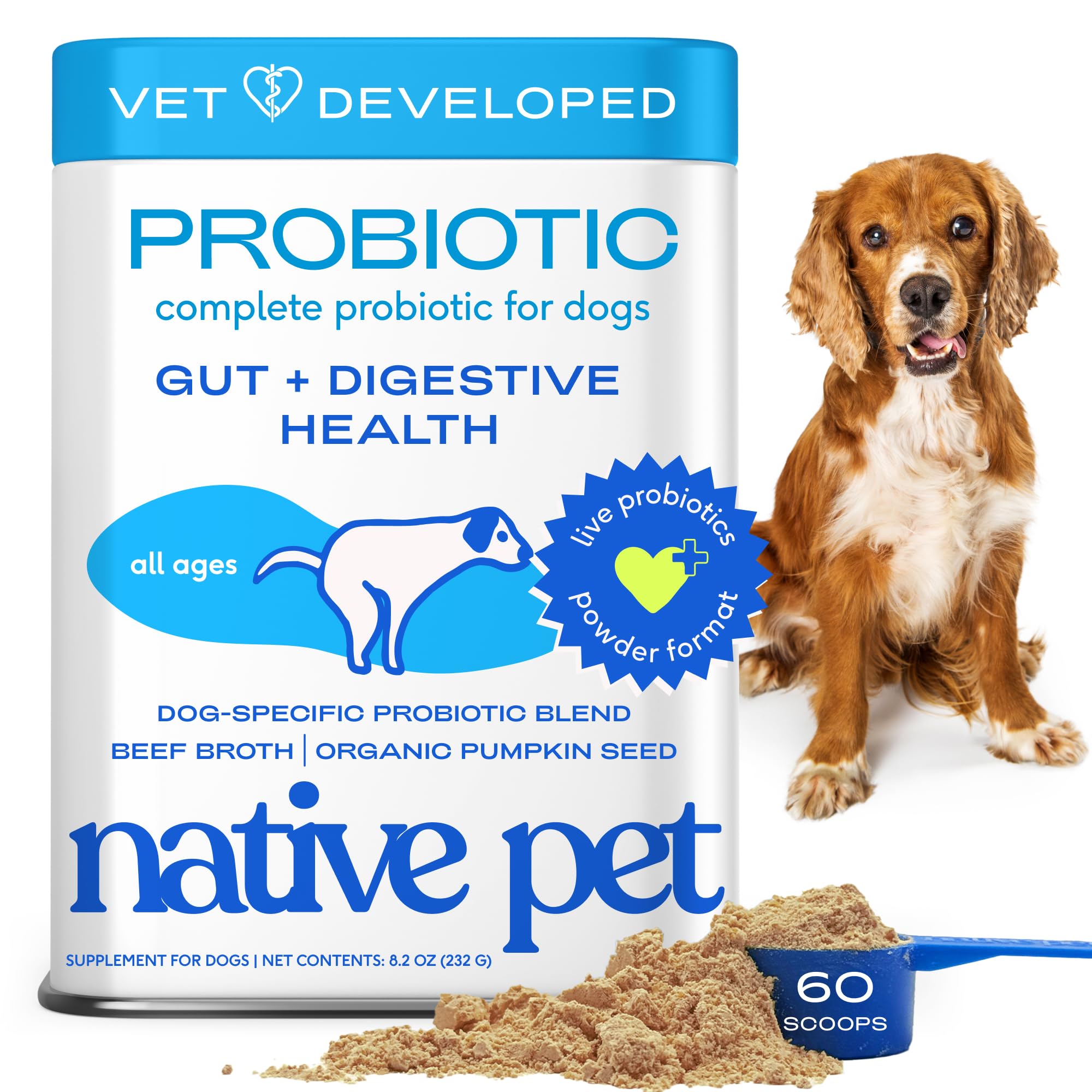 Native Pet Probiotics para perros, polvo en tazón, posible apoyo a la digestión diaria.