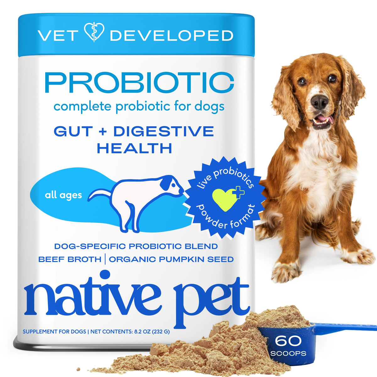 Native Pet Probiotics para perros, polvo en tazón, posible apoyo a la digestión diaria.