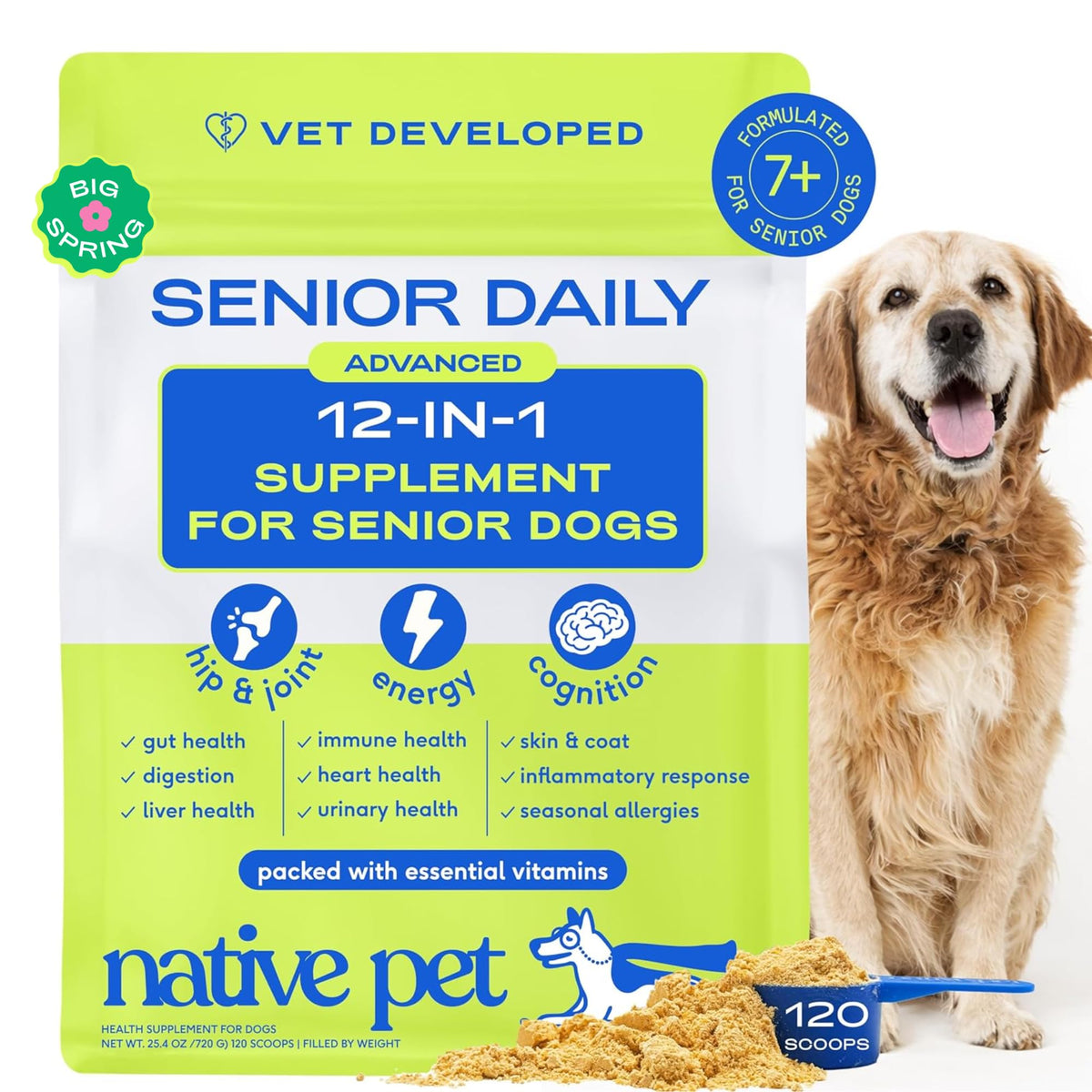 Native Pet Senior: bote de vitaminas para perros mayores mostrando la etiqueta