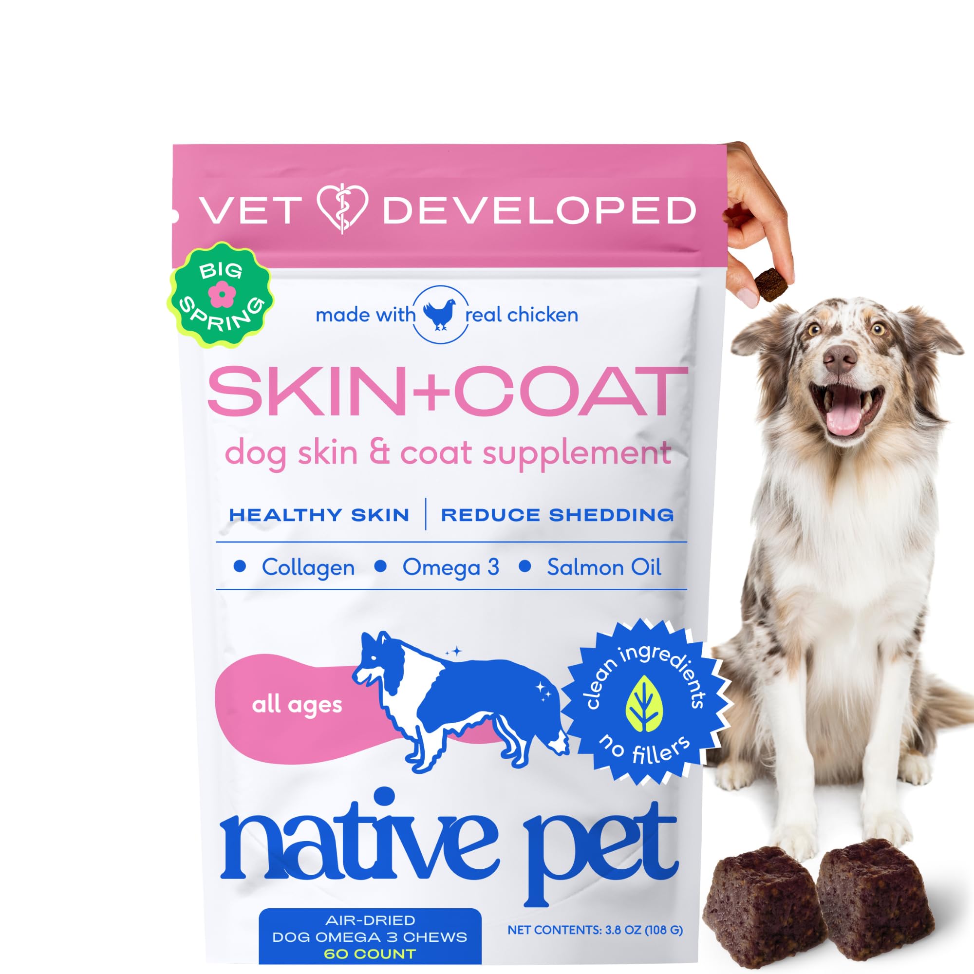 Native Pet masticables piel y pelaje, empaque atractivo para pelaje sano.