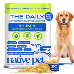 Native Pet, empaque del polvo de vitaminas para perro, listo para añadir a la comida y apoyar la nutrición.