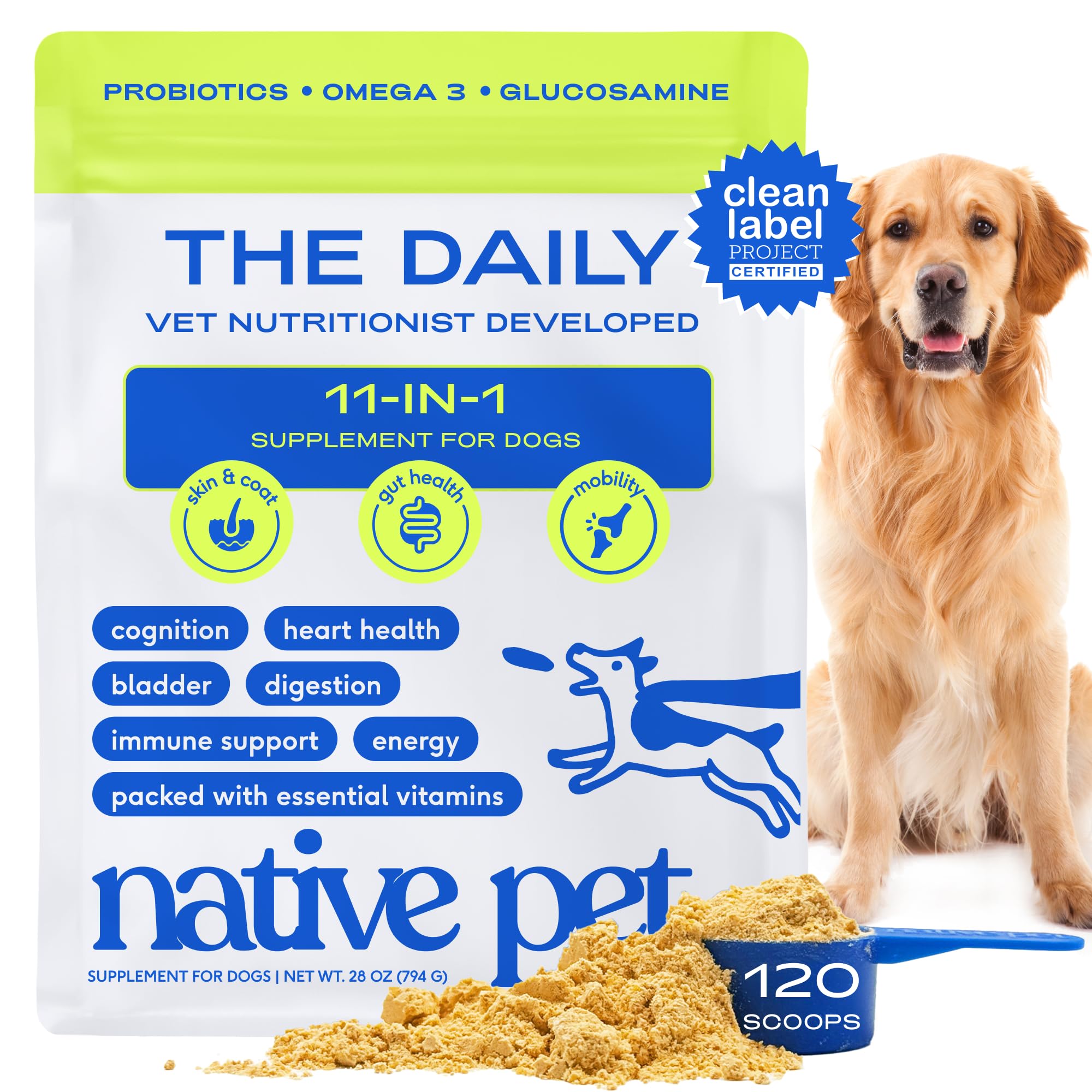 Native Pet vitaminas diarias para perros en bote, apoyo constante.
