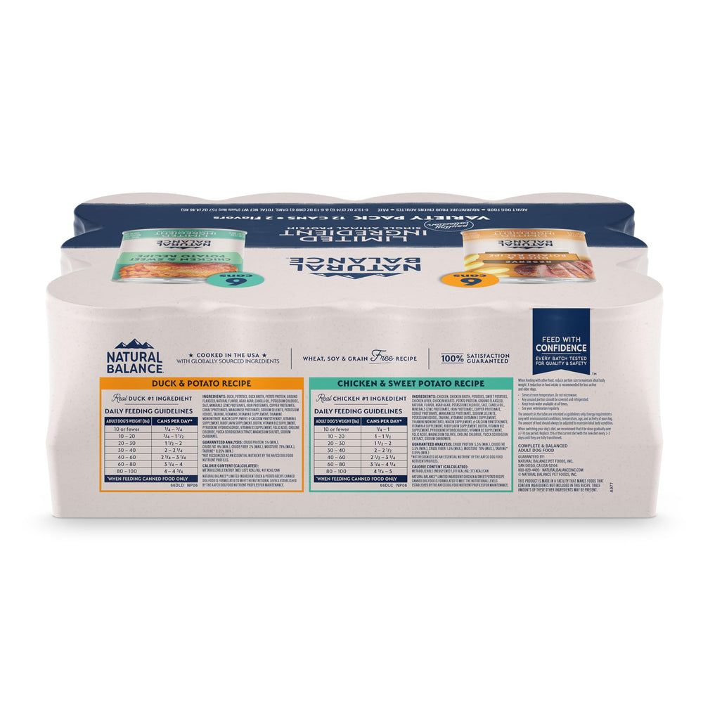 Natural Balance caja de 12 envases, variedad pato-papa y pollo-patata dulce.