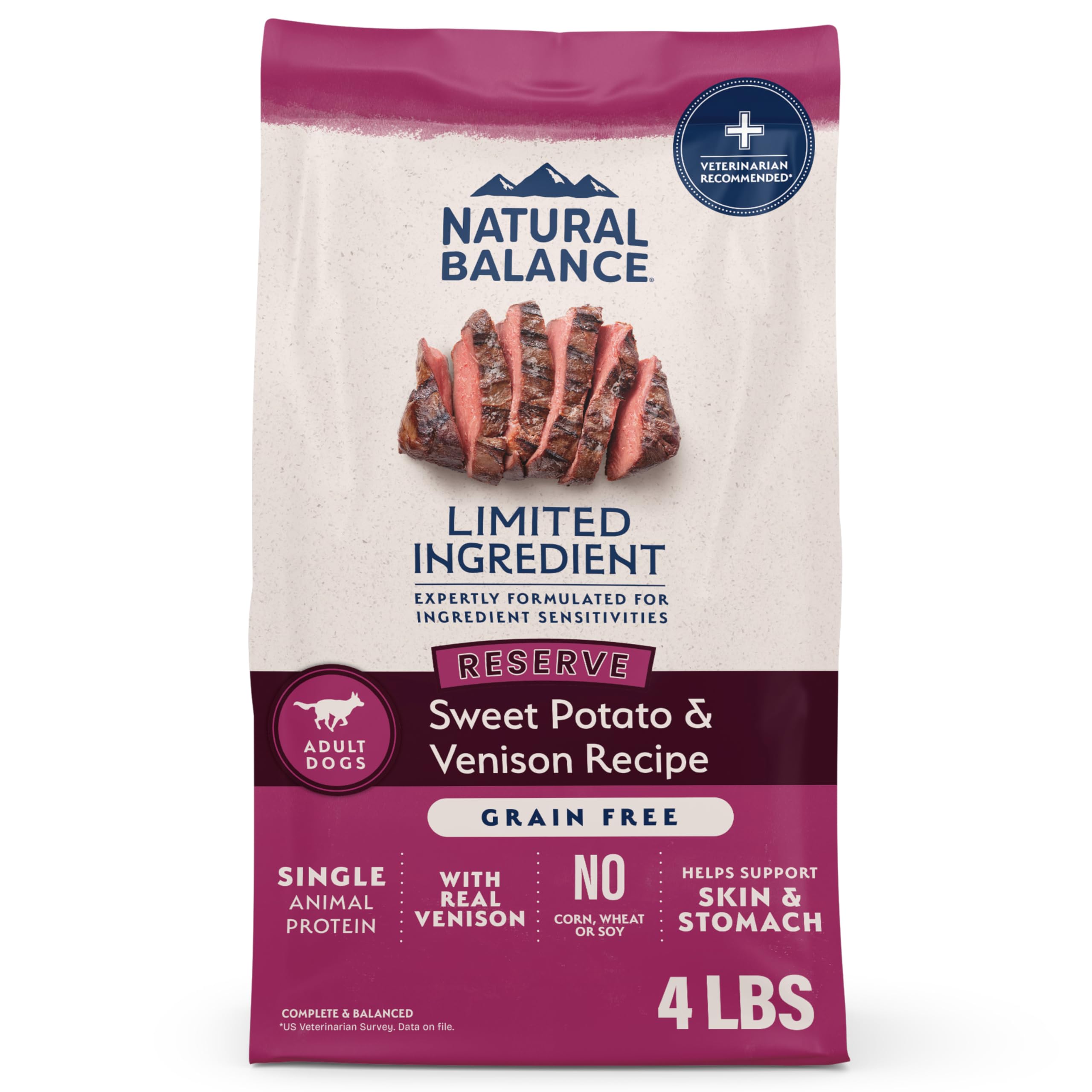 Natural Balance ofrece comida sin granos para perros con venado y bolsa de 4 lb.