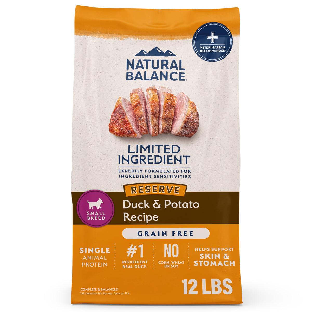 Natural Balance frente al empaque, dieta de ingredientes limitados para perros pequeños.