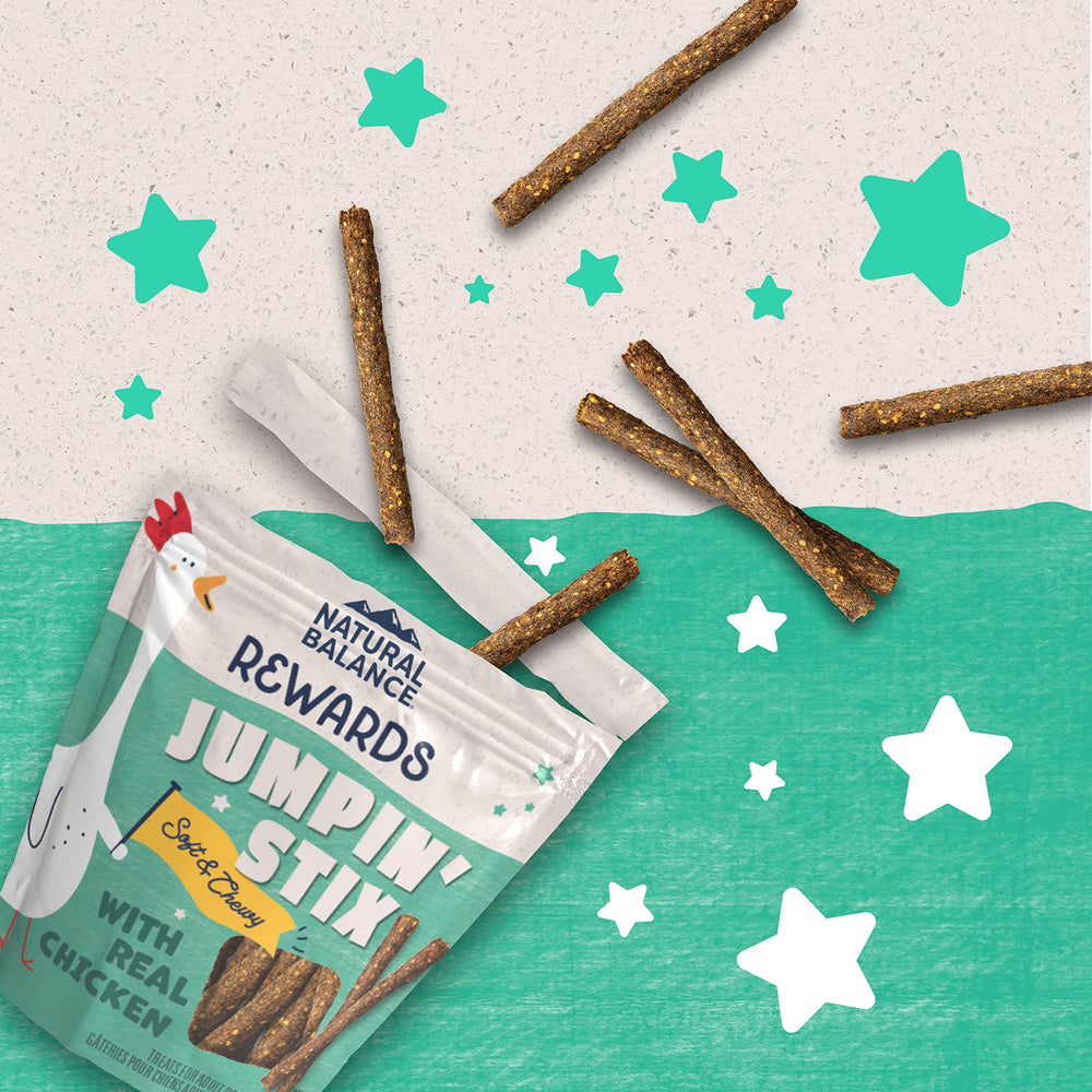 Jumpin' Stix con glucosamina y condroitina para apoyar articulaciones.