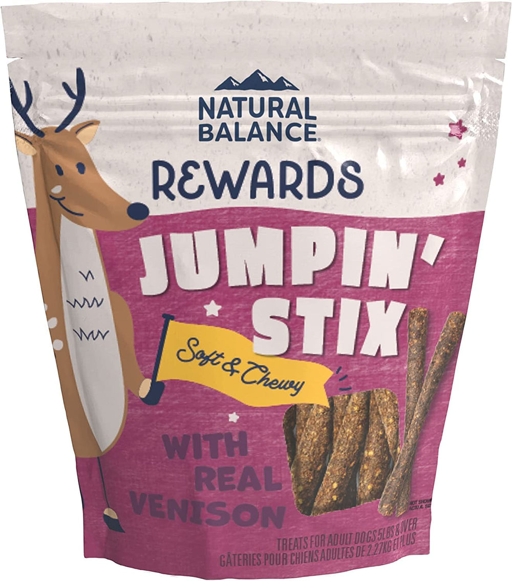 Natural Balance Jumpin' Stix Venado, paquete de 4 onzas, premio sabroso para perros adultos.