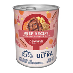 Lata Natural Balance de ternera con papas, zanahorias y arroz integral, ideal para perros activos