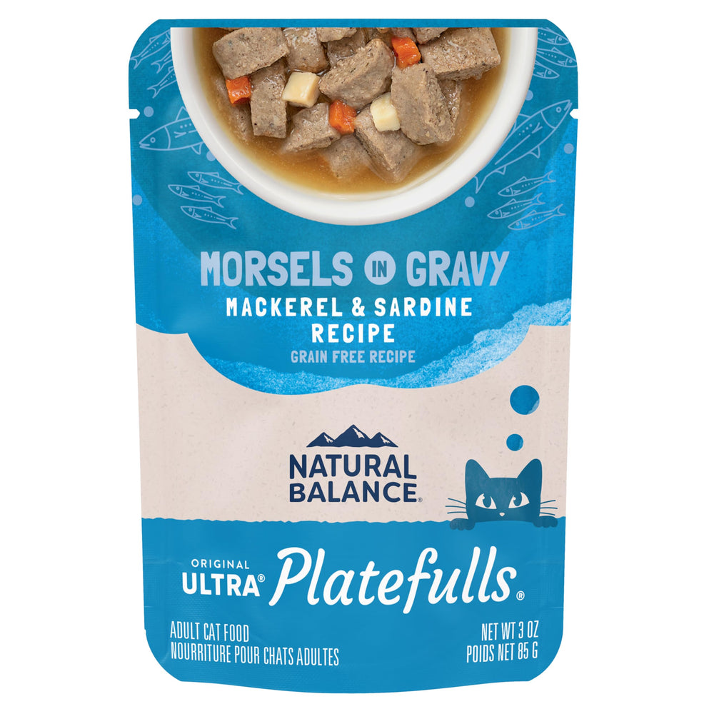 Natural Balance Platefulls Indoor con caballa y sardina, sabor irresistible para gatos.