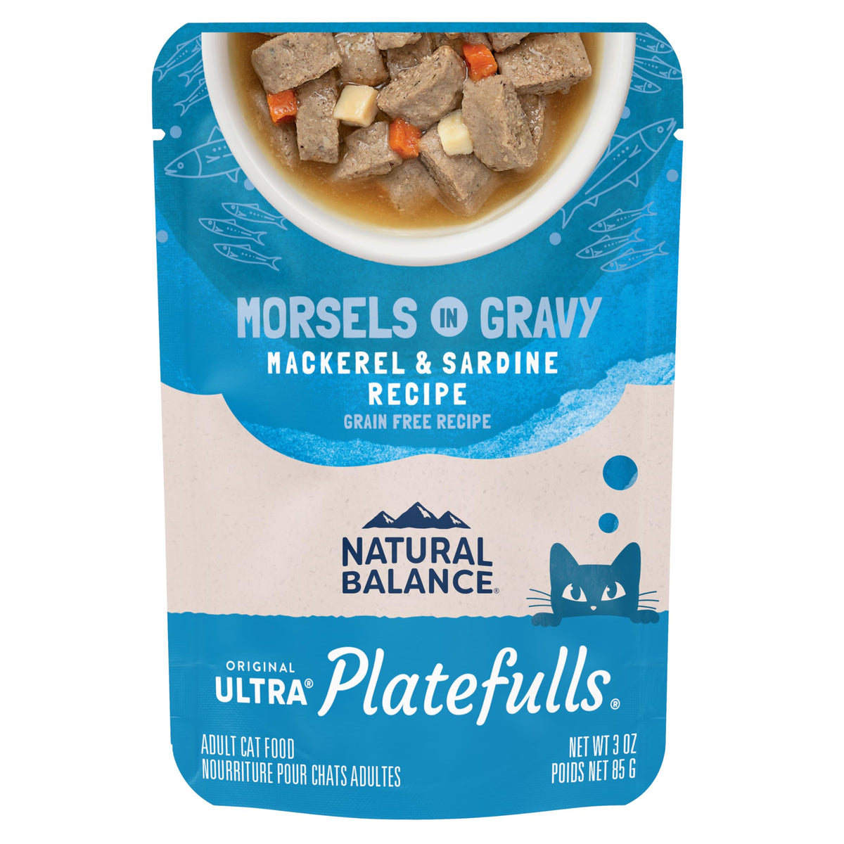 Natural Balance Platefulls Indoor con caballa y sardina, sabor irresistible para gatos.