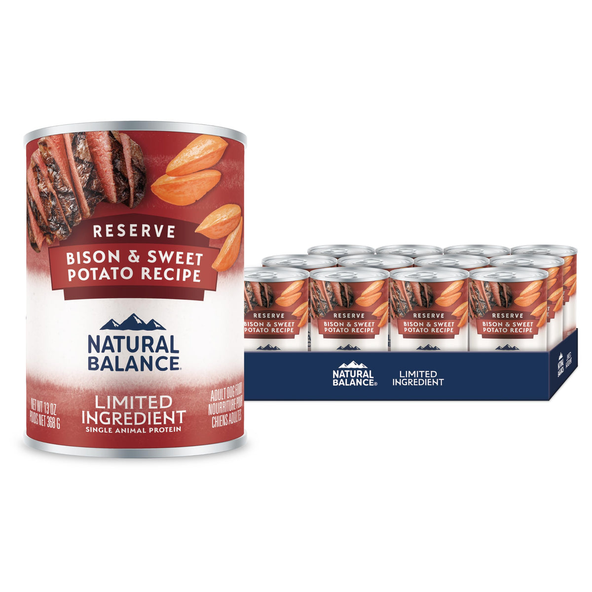 Natural Balance Reserve en lata con bisonte y batata, proteína única para músculos.