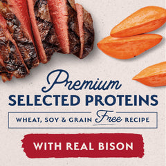 Primer plano de carne de bisonte en la fórmula, proteína principal.