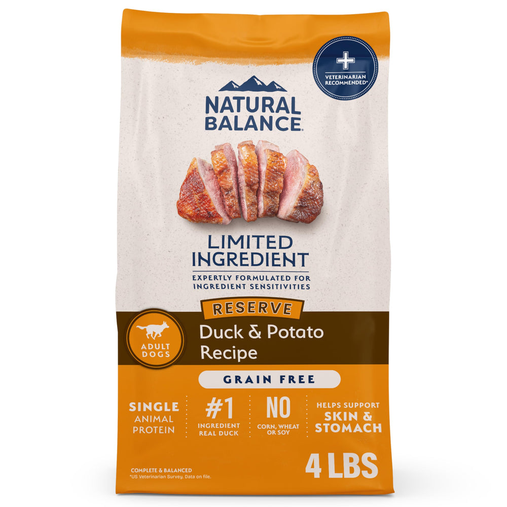 Natural Balance Reserve pato y papas: bolsa frontal, fuente única de proteína para perros.