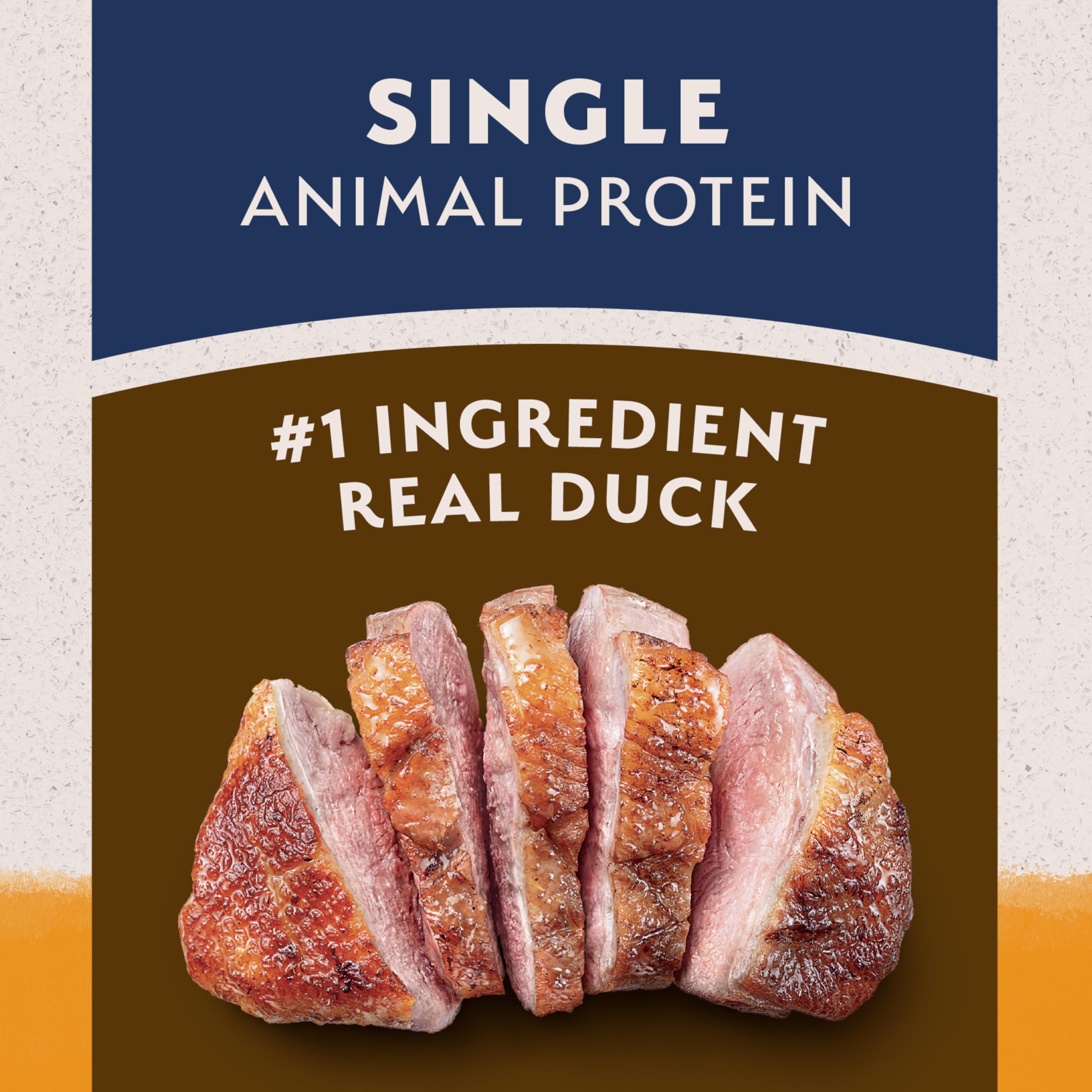 Natural Balance Reserve pato y papas: etiqueta muestra proteína única para desarrollo muscular.