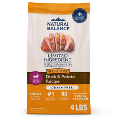 Natural Balance Reserve pato-patata, bolsa de 4 libras, fuente de proteína única para músculos.