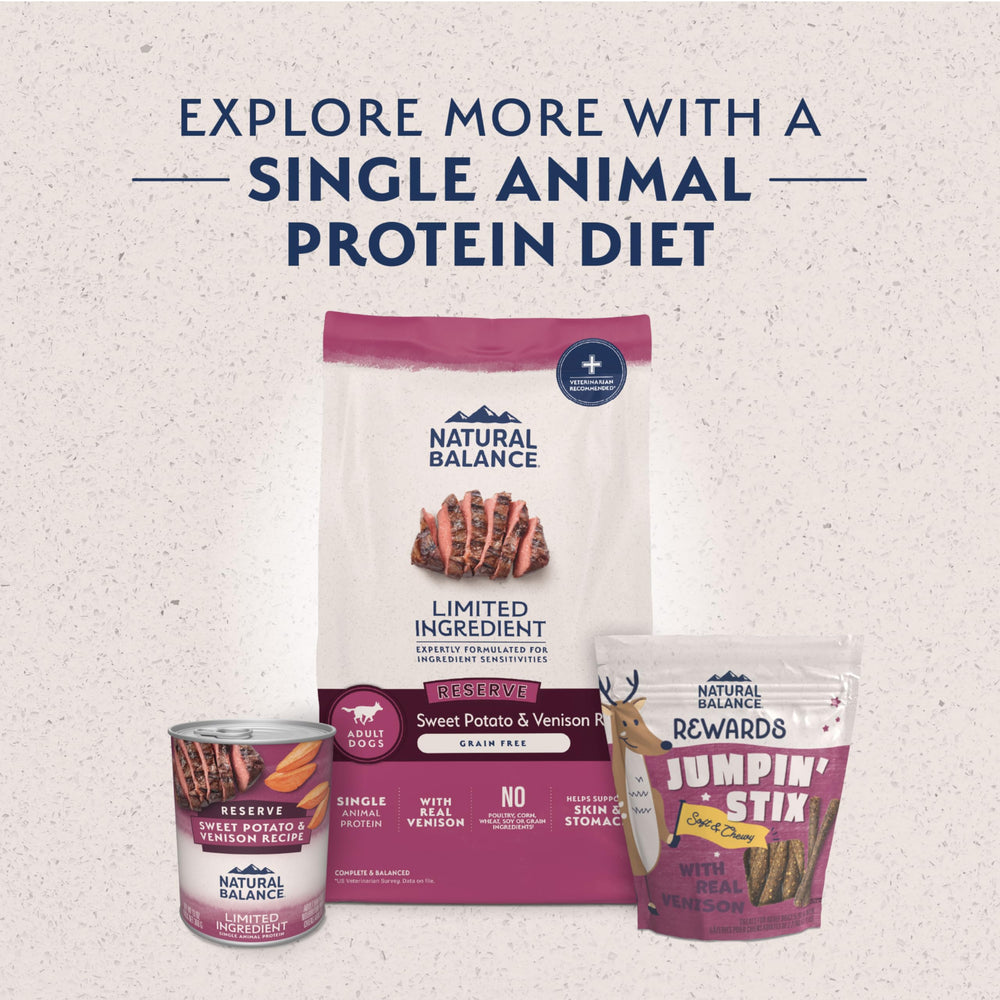 Natural Balance Reserve: proteína única de venado para apoyar la nutrición.
