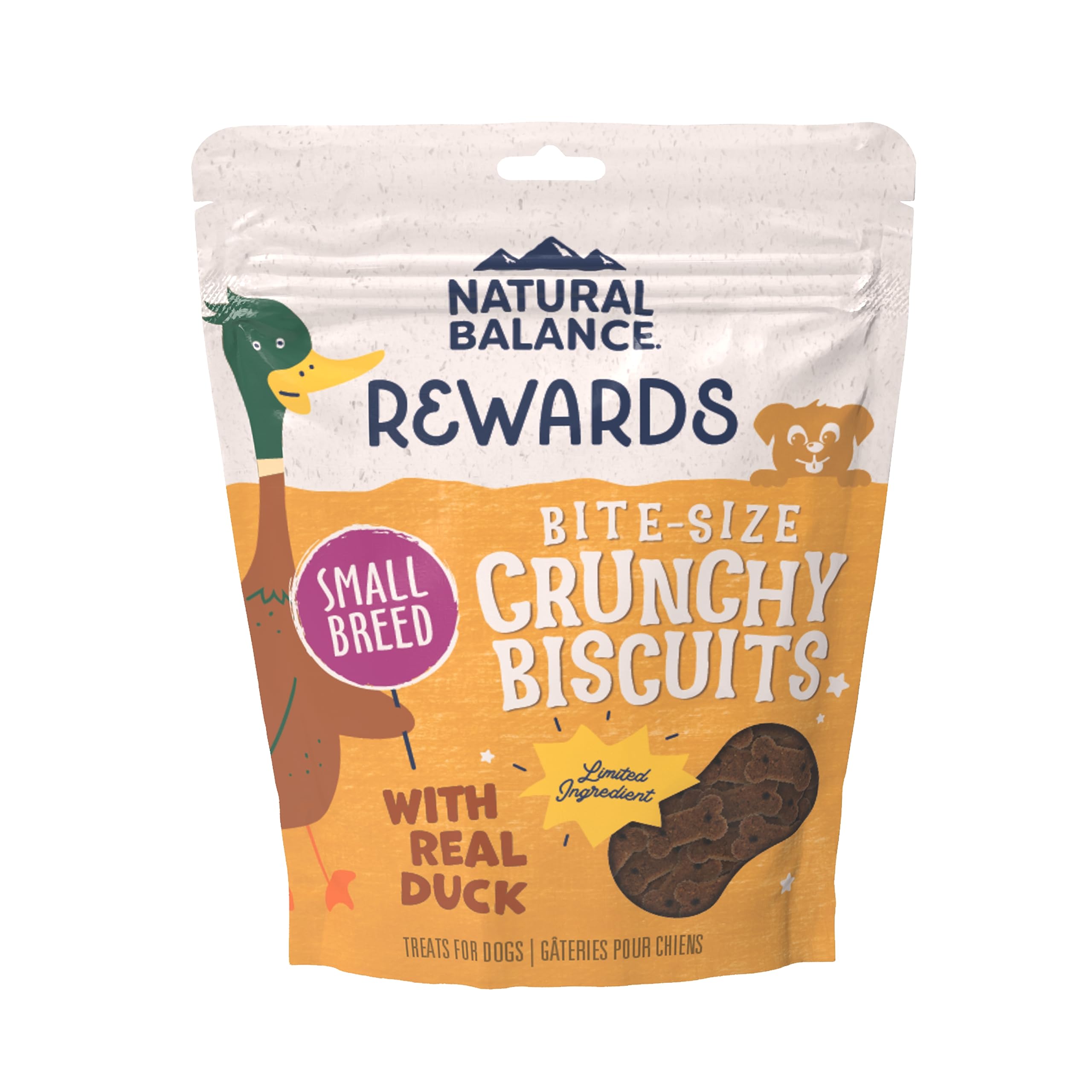 Natural Balance Rewards crujientes pato real 8oz, snack ideal para perros pequeños.