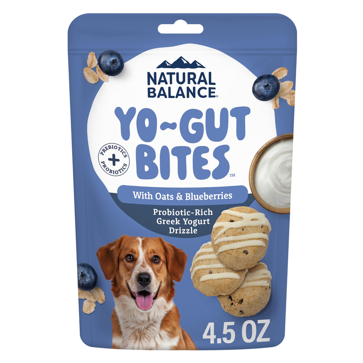 Natural Balance Yo-Gut Bites con trozos crujientes de avena y arándanos para sabor delicioso.