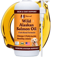 Natural Dog Company botella de aceite de salmón Alaska lista para verter y mezclar