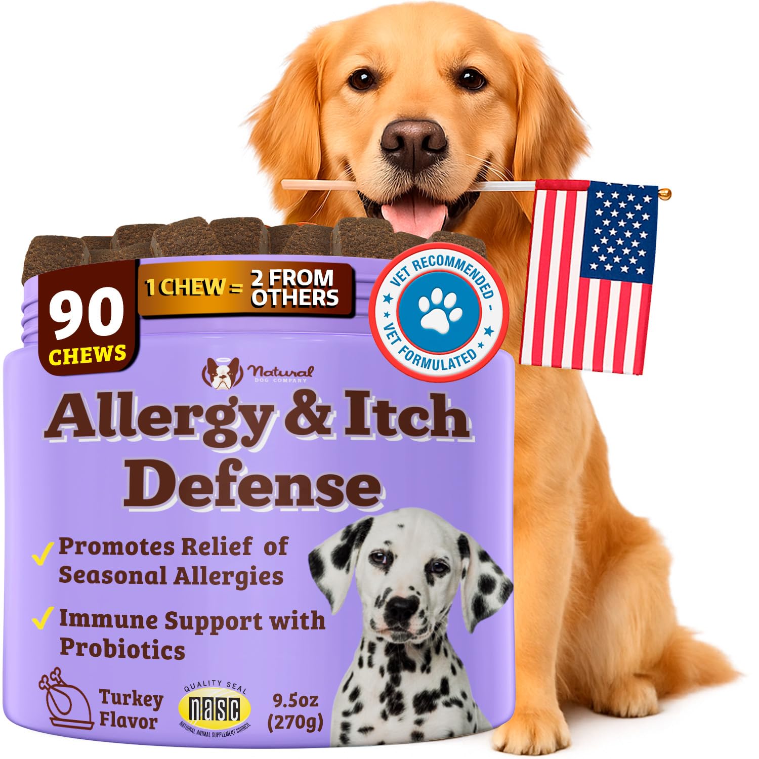 Natural Dog Company frasco de alergia-picor, posible apoyo al sistema inmunológico del perro.