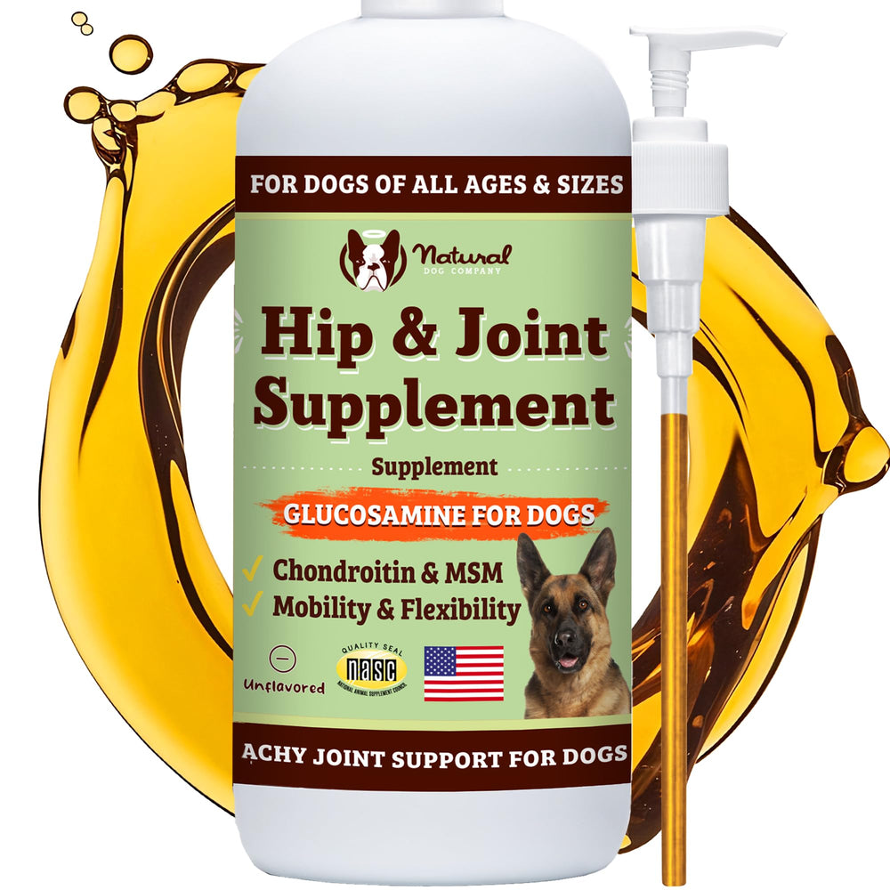 Natural Dog Company líquido glucosamina para perros, botella lista para uso diario.