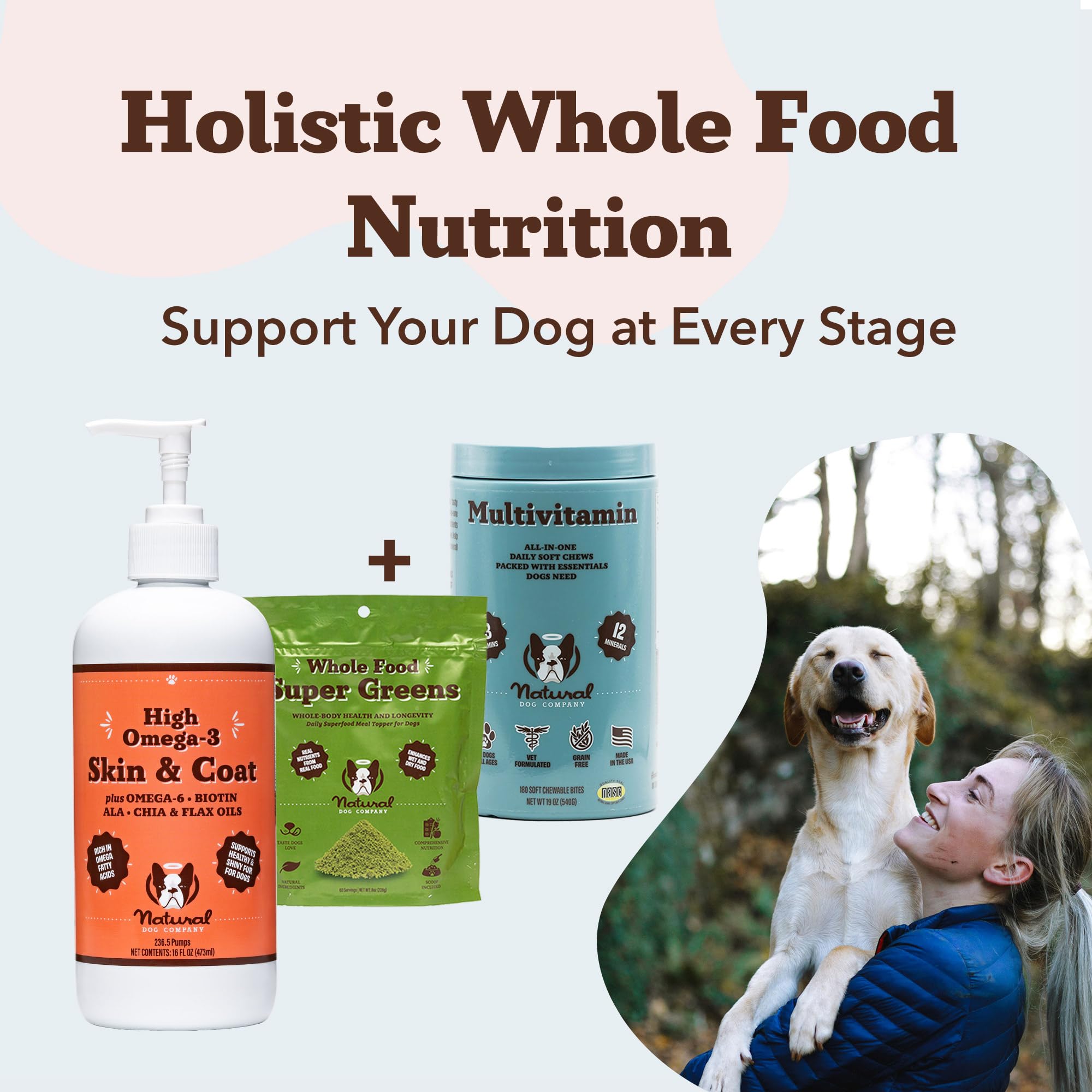 Natural Dog Company Aceite para piel y pelaje, envase de 16 oz listo para uso diario.
