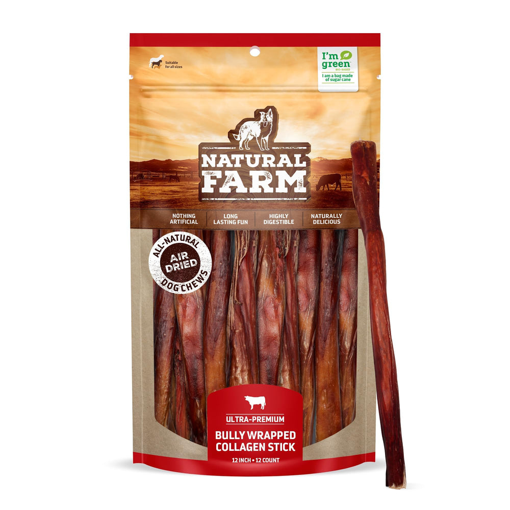 Natural Farm Bully envuelto con colágeno, enfoque en empaque seguro.