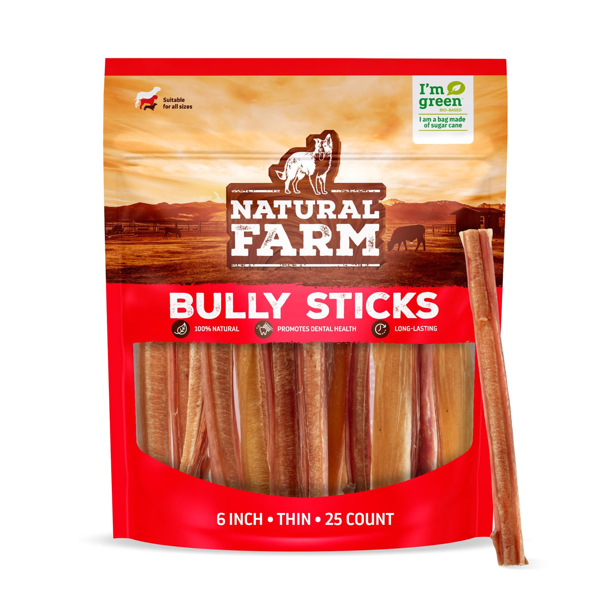 Natural Farm Bully Stick 6 pulgadas, 25 pack, olor neutro para masticación moderada