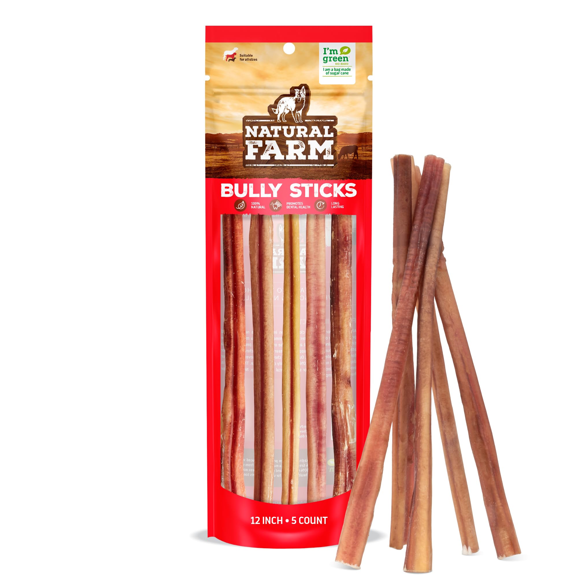 Natural Farm Bully Sticks sin olor de 12 pulgadas para masticar de forma limpia.
