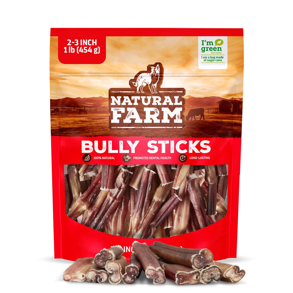 Natural Farm Bully Sticks sin olor para perros pequeños, promoviendo masticación calmada