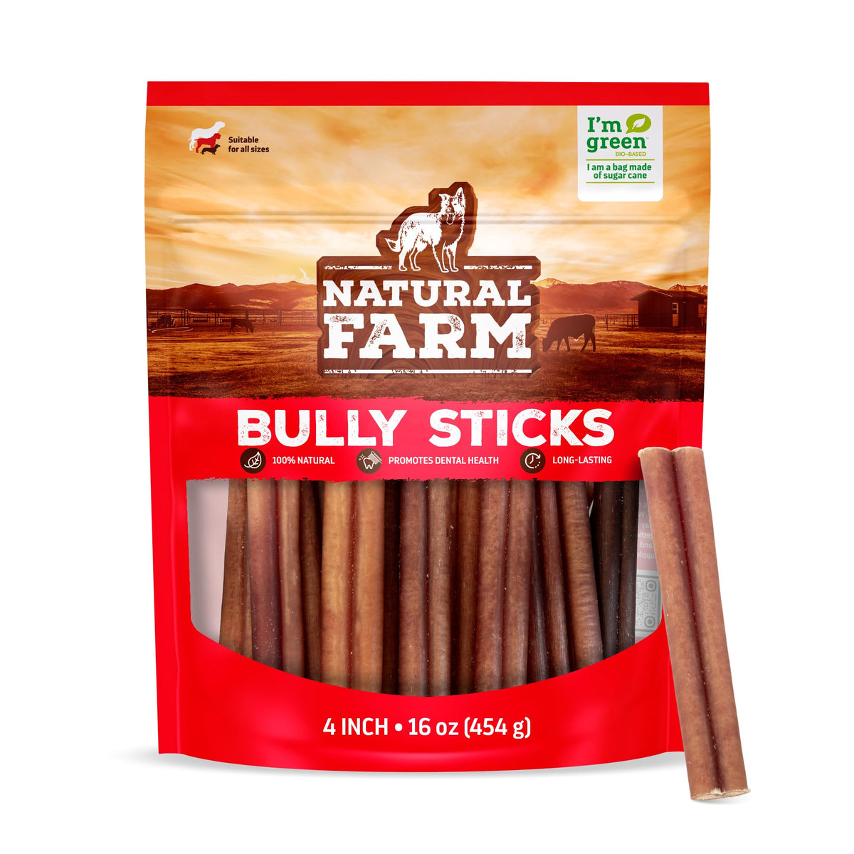 Natural Farm Bully Sticks sin olor de 4 pulgadas, ideal para perros pequeños; ayuda a mantener dientes limpios.