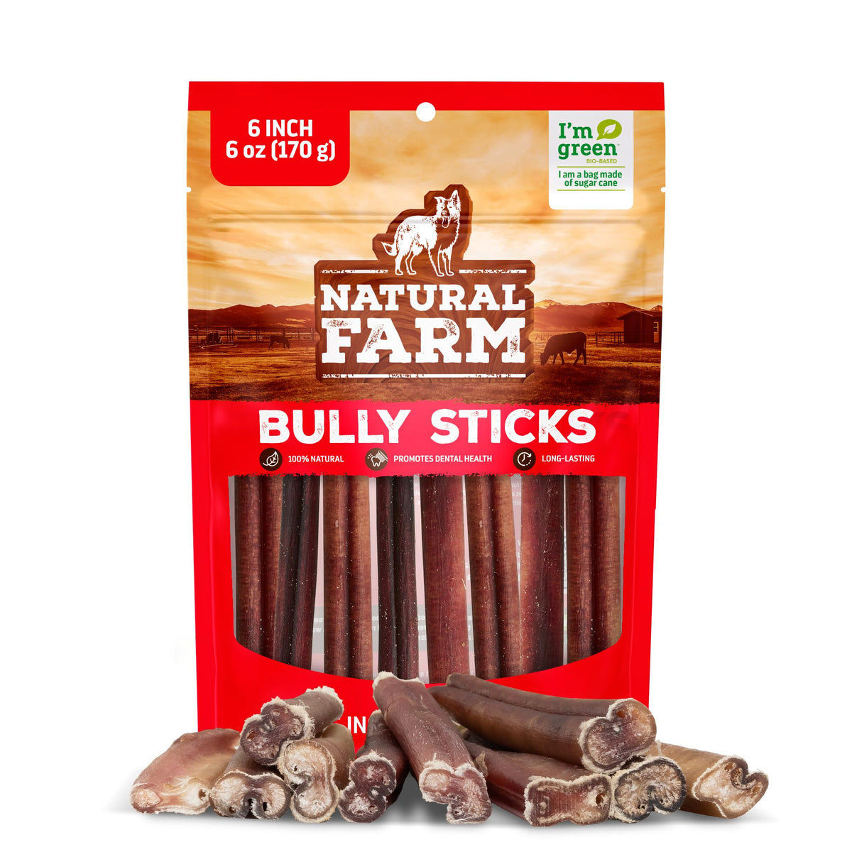 Natural Farm Bully Sticks sin olor de 6 pulgadas, entretenimiento duradero para perros.