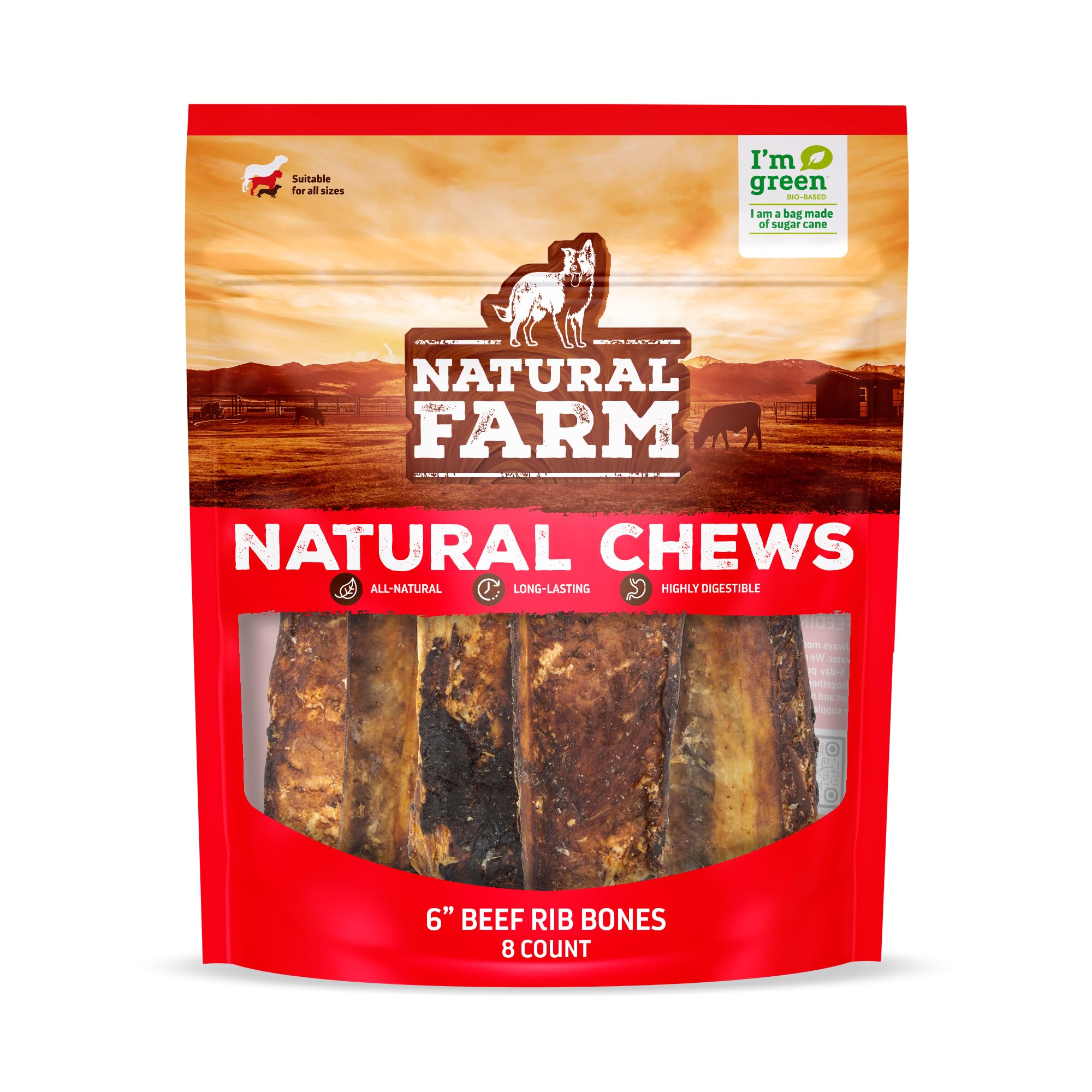 Natural Farm costillas de res para perros, aroma bajo, ideal para masticar en interiores.