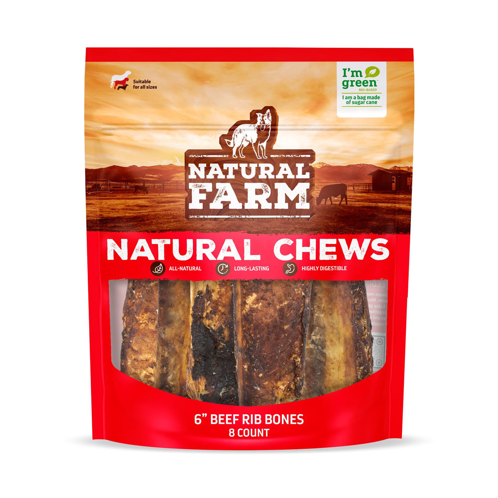 Natural Farm costillas de res para perros, aroma bajo, ideal para masticar en interiores.