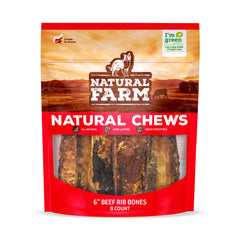 Natural Farm costillas de res para perros, aroma bajo, ideal para masticar en interiores.