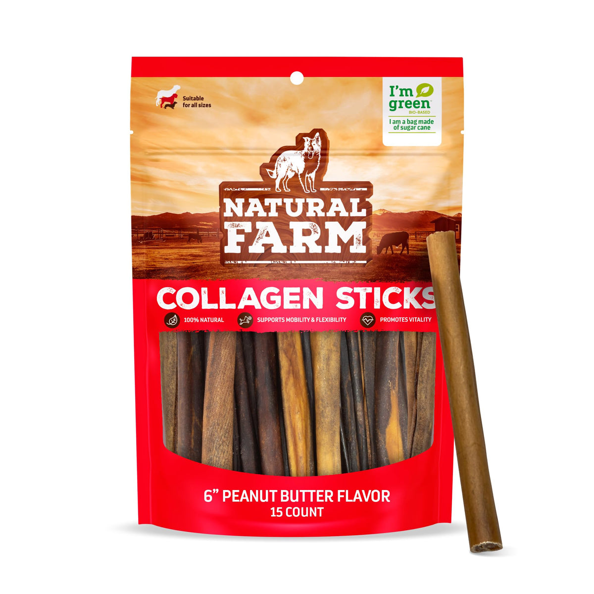 Natural Farm palitos de colágeno sabor maní, empaque visible para perros