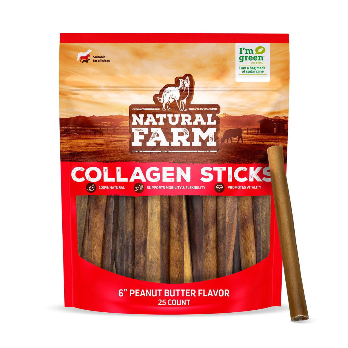 Natural Farm palitos de colágeno para perros, ideal para masticación prolongada.