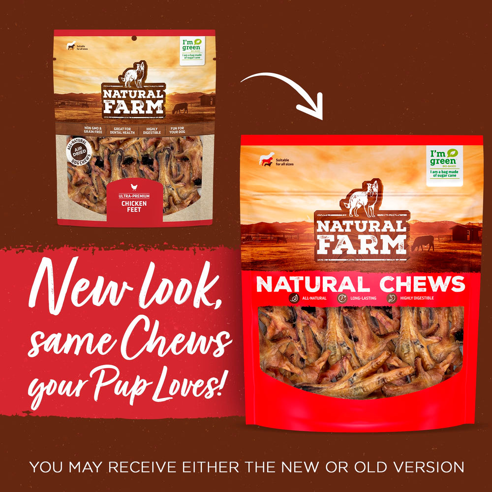 Natural Farm patitas de pollo sin uñas para perros, textura masticable ideal para entrenamiento.