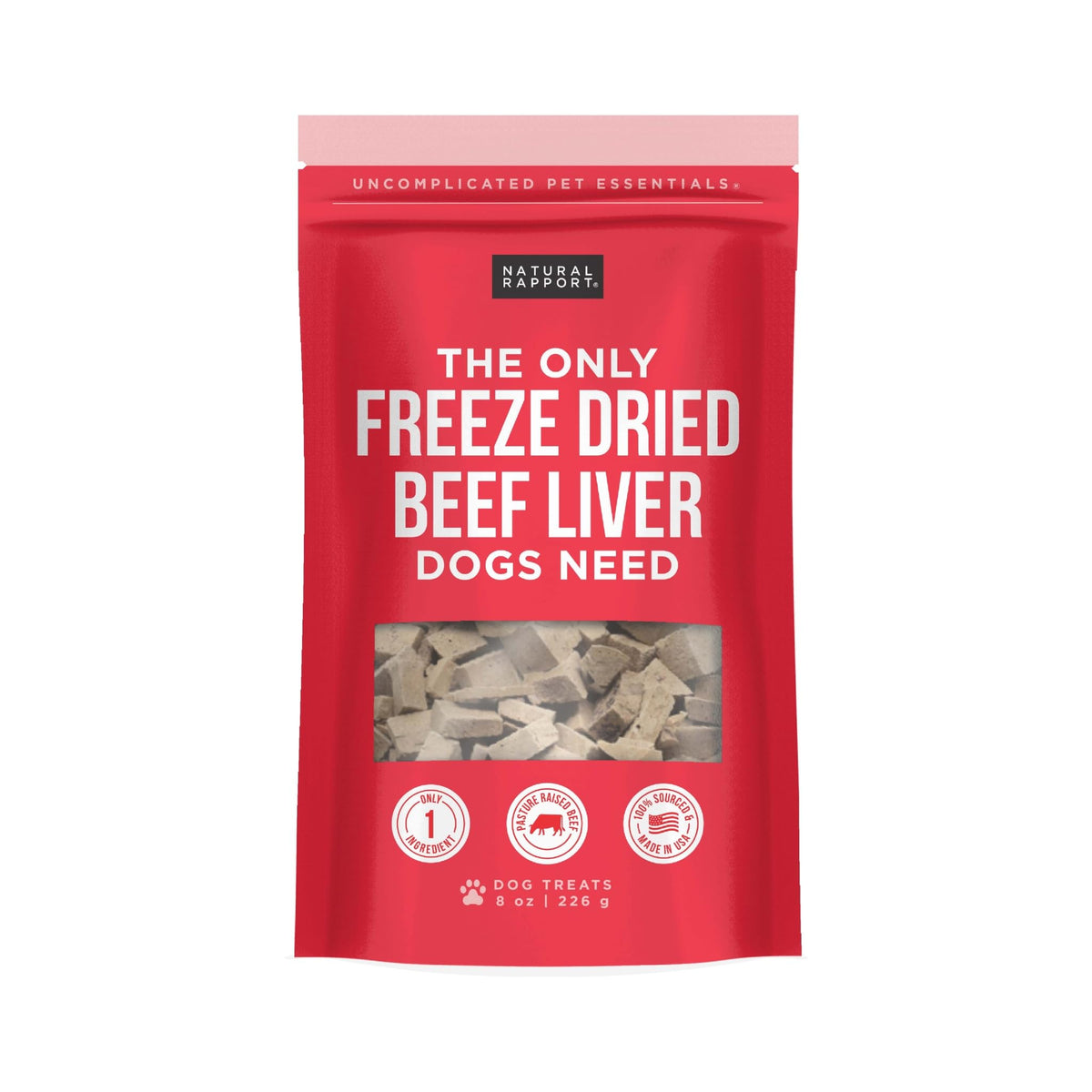 Natural Rapport bocados hígado de res, envase 226 g, ideales para entrenamientos.