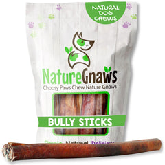 Nature Gnaws Bully Sticks Extra Large en empaque, recompensa duradera para perros grandes.