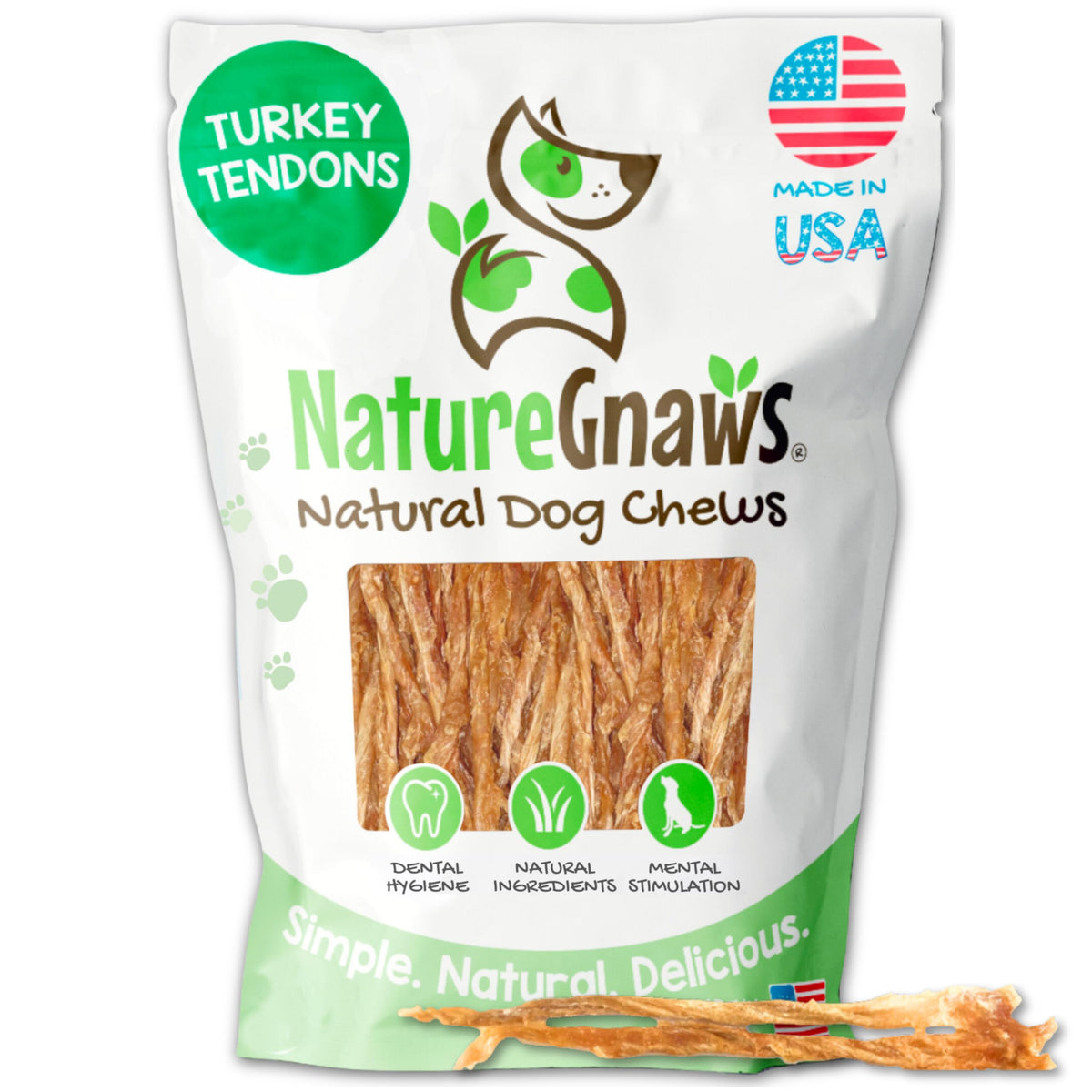 Nature Gnaws tendones de pavo para perros, bolsa mostrada, textura duradera para masticar