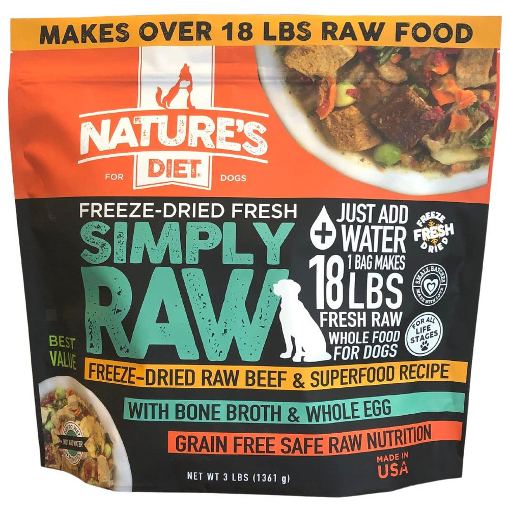 Nature's Diet Simply Raw, envase 3libras, listo para preparar comida fresca en minutos.