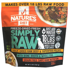 Nature's Diet Simply Raw, envase 3libras, listo para preparar comida fresca en minutos.