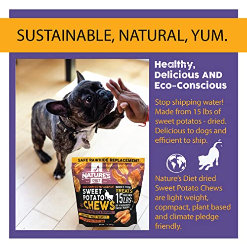 Nature's Diet batata dulce como snack saludable para perros durante paseo.