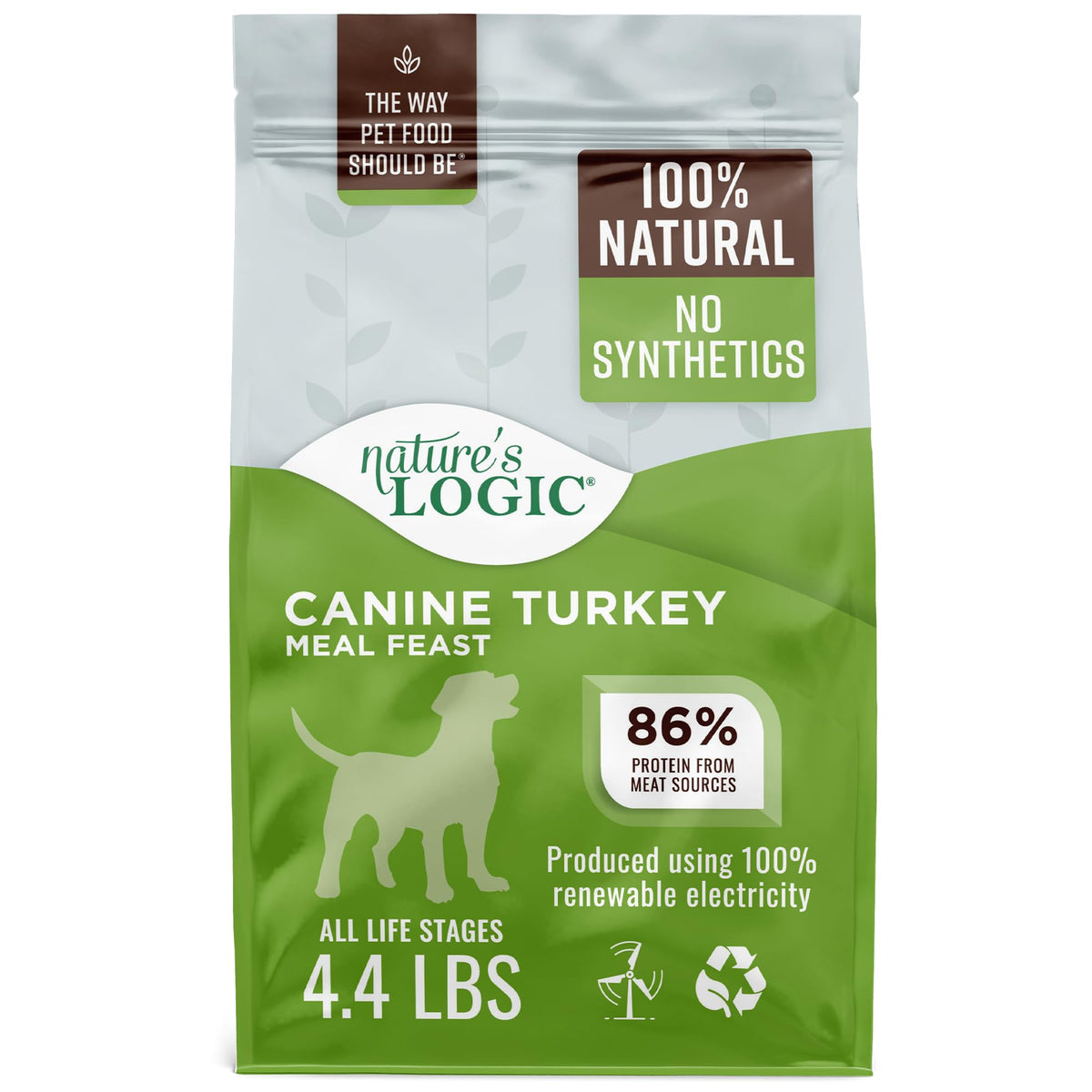 Nature's Logic comida seca para perros con pavo, alta proteína para músculos.