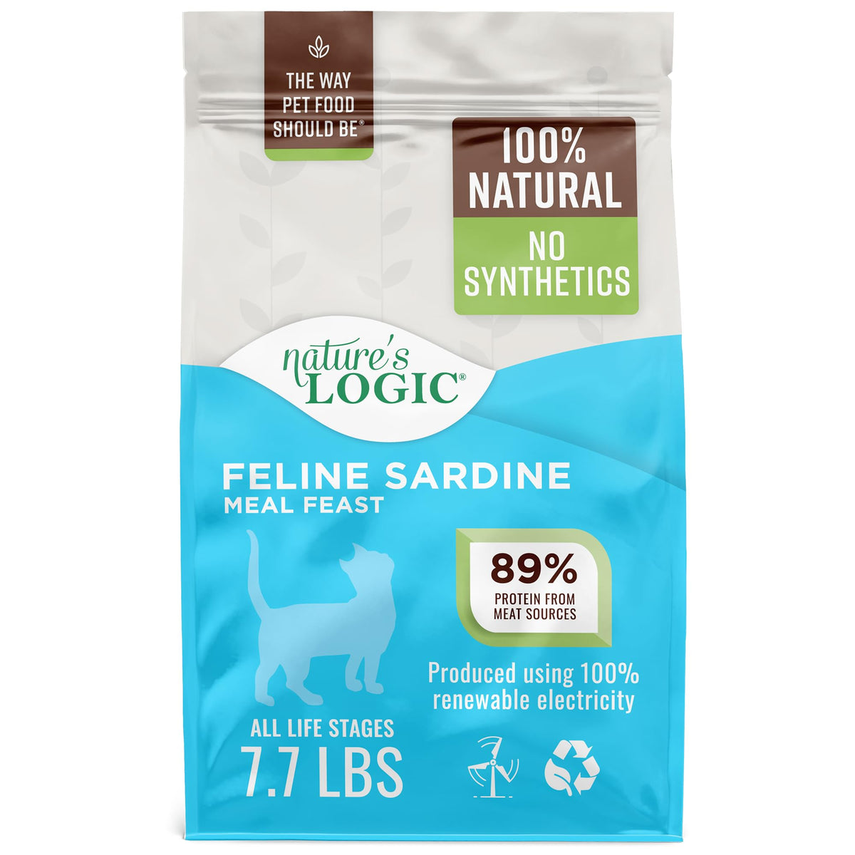 Nature's Logic Sardina para gatos, empaque visible, alimento seco de alta proteína.