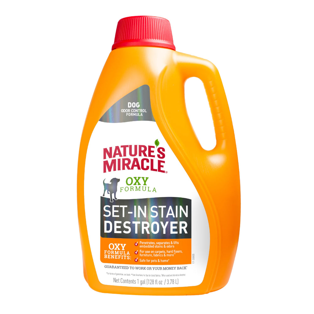 Nature's Miracle destructor de manchas incrustadas, botella 1 galón, aplicación rápida para manchas profundas.