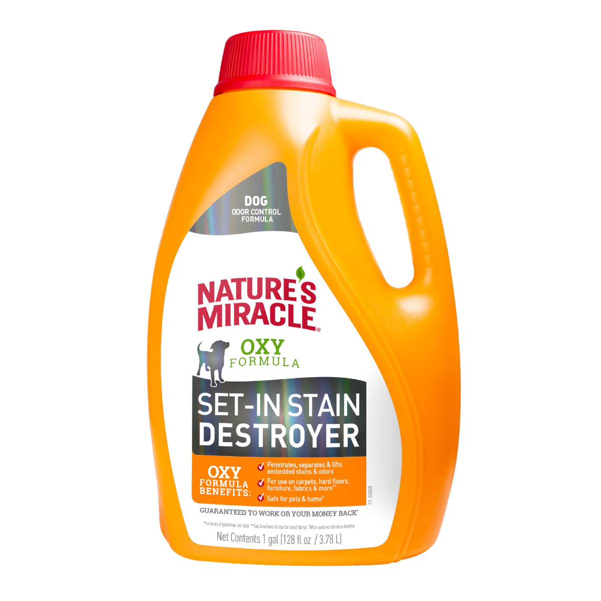 Nature's Miracle destructor de manchas incrustadas, botella 1 galón, aplicación rápida para manchas profundas.