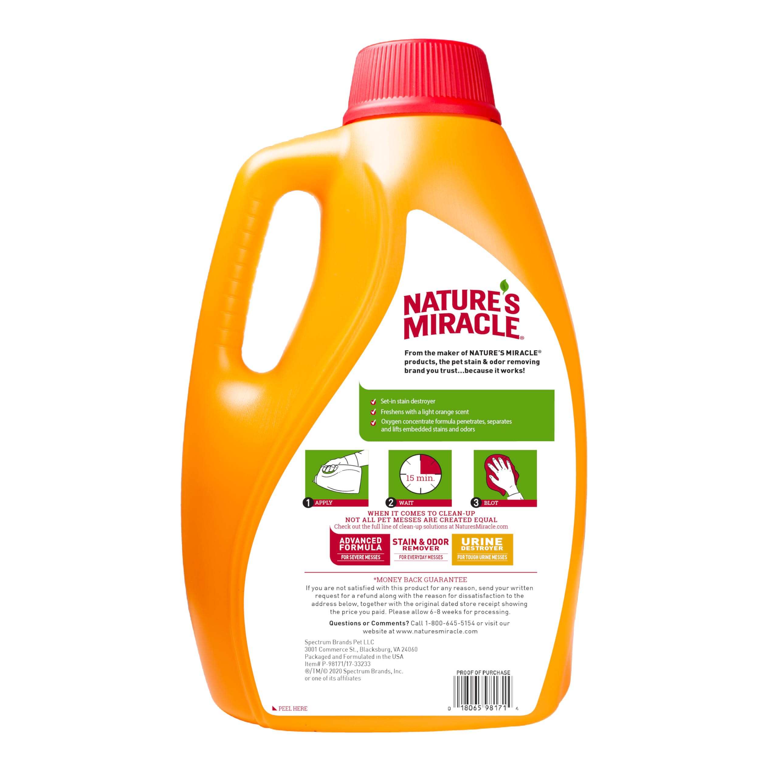 Nature's Miracle olor naranja, aroma cítrico al aplicar para neutralizar olores de mascotas.
